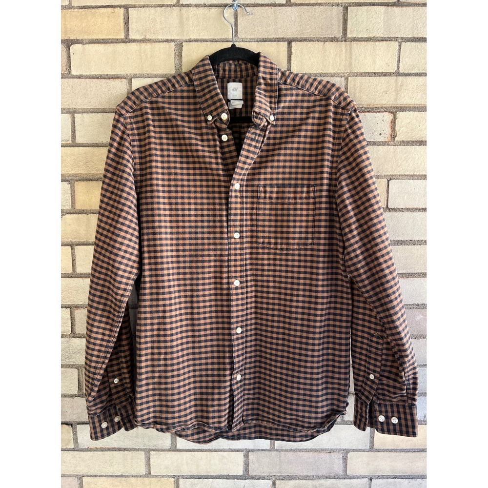 H&M L.O.G.G. Brown Black Gingham Plaid Oxford Button Down Shirt Men's Sz Medium